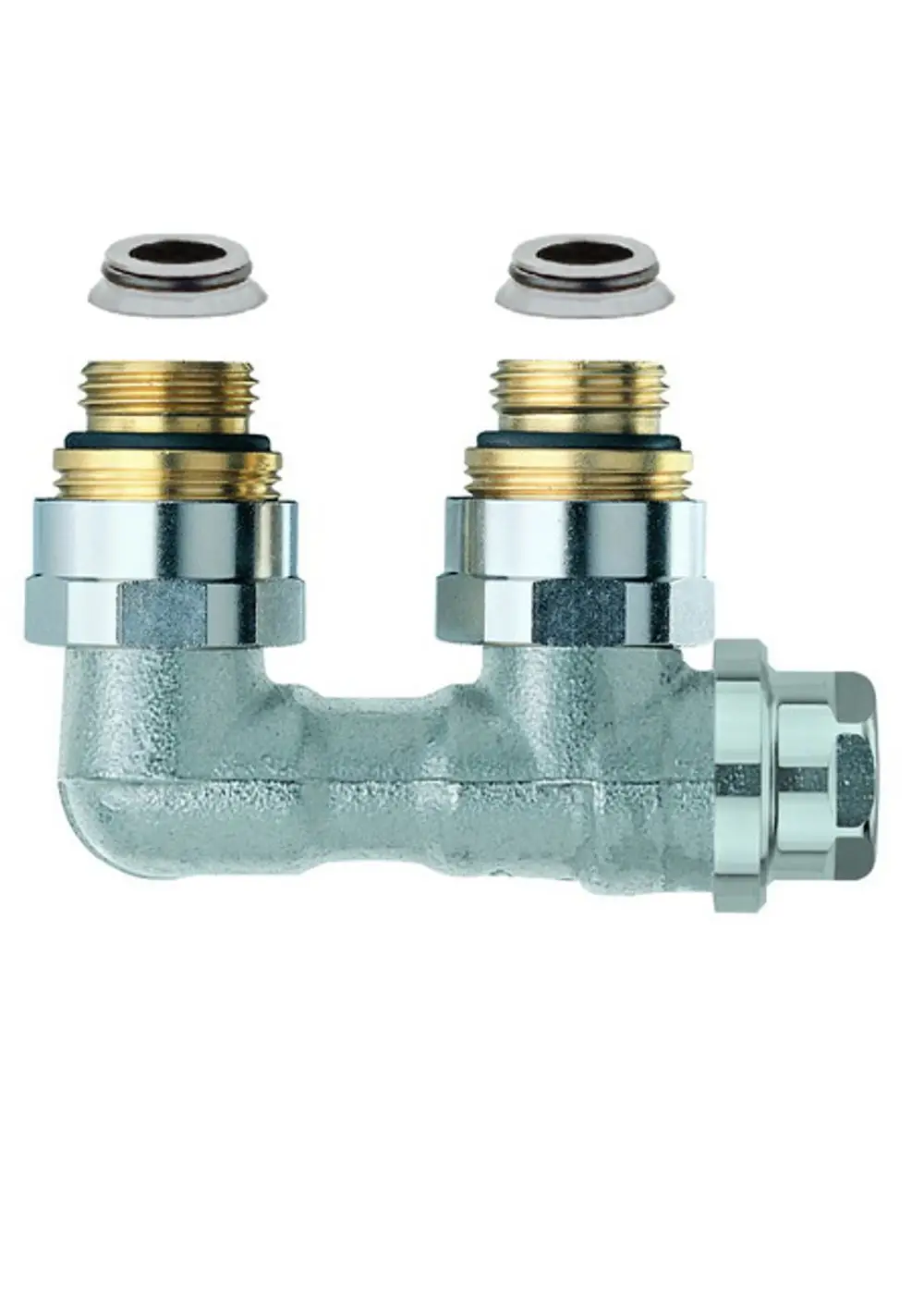 Verschraubung in Eckform mit zwei Anschlüssen, geeignet für unterschiedliche Rohrsysteme. Hergestellt von IMI Hydronic Engineering.